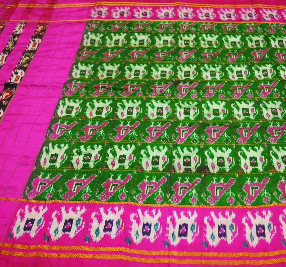Indian Vintage Green & Gray Heavy Saree Pure Silk Hand Woven ikat Sari 5yd Zari Ethnic Fabric Craft Floral main image 0