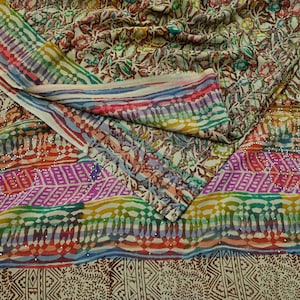Indian Vintage Sari Multi Pure Crepe Silk Block Printed Mukesh Saree 5yd Sewing Floral Soft Craft Fabric Wrap Dress making Crafting Quilting