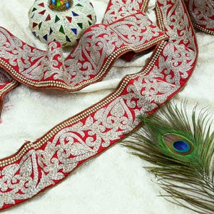 Indian Vintage Sari Border Red Hand Embroidered Craft Trim Lace 1Yd Sewing Sari Ribbon Dress making Dress Designing Decor Dabka