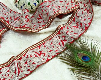 Indian Vintage Sari Border Red Hand Embroidered Craft Trim Lace 1Yd Sewing Sari Ribbon Dress making Dress Designing Decor Dabka