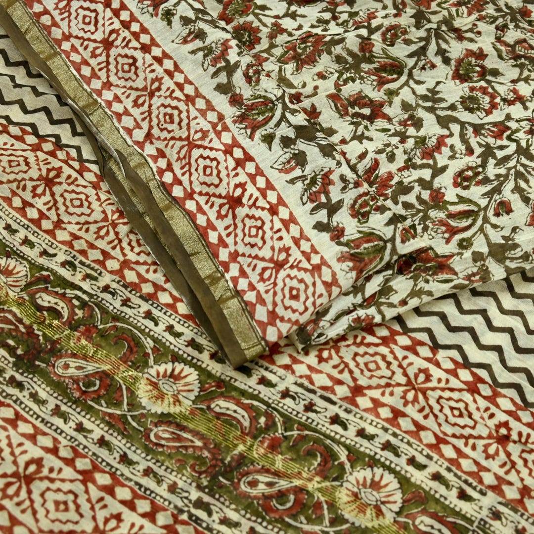 Indian Vintage Sari Beige Block Printed Chanderi Cotton Craft Fabric ...