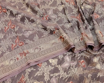 Indian Vintage Ivory Saree Pure Silk Hand Painted MadhuBani Sari Craft Fabric 5yd Ethnic Wear Sari Floral Dress Designing