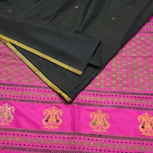 Indian Vintage Sari Pink & Black Mysore Silk Hand Woven Saree with Zari Border 5 Yards Soft Craft Fabric Upcycle, Quilting, Dressmaking
