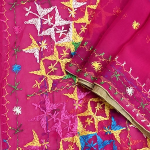Indian Vintage Pink Dupatta Long Stole Pure Chiffon Silk Hand Embroidered Bagh Phulkari Stole Scarves Golden Lace