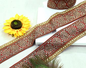 Indian Vintage Sari Border Red Hand Embroidered Craft Trim Lace 1Yd Sewing Sari Ribbon Dress making Dress Designing Decor Dabka