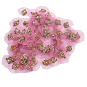 Indian Vintage Pink Net Hand-Embroidered Appliques Set of 10, Zardozi, Dabka, Bead Work  Floral Patches for Crafts, Journals 2x1.5"