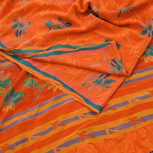 Indian Vintage Sari Orange Pure Crepe Silk Printed Sarees 5yd Sewing Floral Soft Craft Fabric Wrap Dress making Crafting Quilting Upcycle