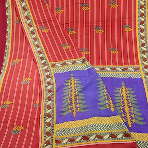 Indian Vintage Sari Purple & Red Block Printed Pure Cotton Saree Craft Fabric 5Yd Sewing Sarong Wrap Boho Floral Crafting Upcycle Quilting