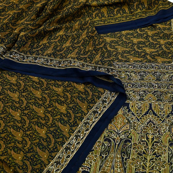 Tela georgette azul oscuro vintage india bordada a mano, yardas