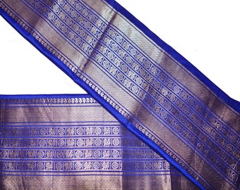 Indian Vintage Blue Sari Border Pure Silk Woven Indian Craft Trim Lace Metallic Silver Zari Ribbon Recycled Indian Sari Border Blue Decor