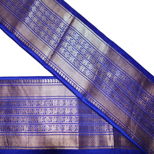 Indian Vintage Blue Sari Border Pure Silk Woven Indian Craft Trim Lace Metallic Silver Zari Ribbon Recycled Indian Sari Border Blue Decor