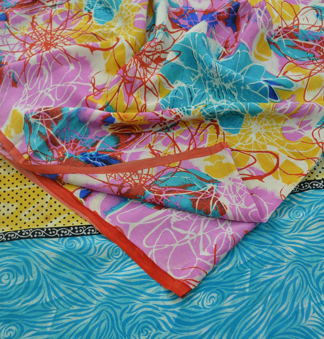Indian Vintage  Sari Pure Crepe Silk Tie-Dye Printed Saree 5yard Sewing Ethnic Wrap main image 1