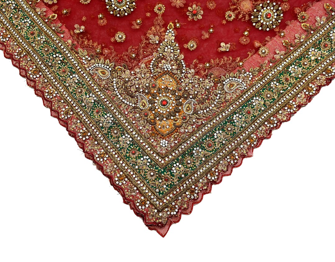 Indian Vintage Bridal Heavy Orange Dupatta Net Mesh Long Stole Hand Embroidered Scarves Golden Zardozi Dabka Zari Sequins Wedding Veil