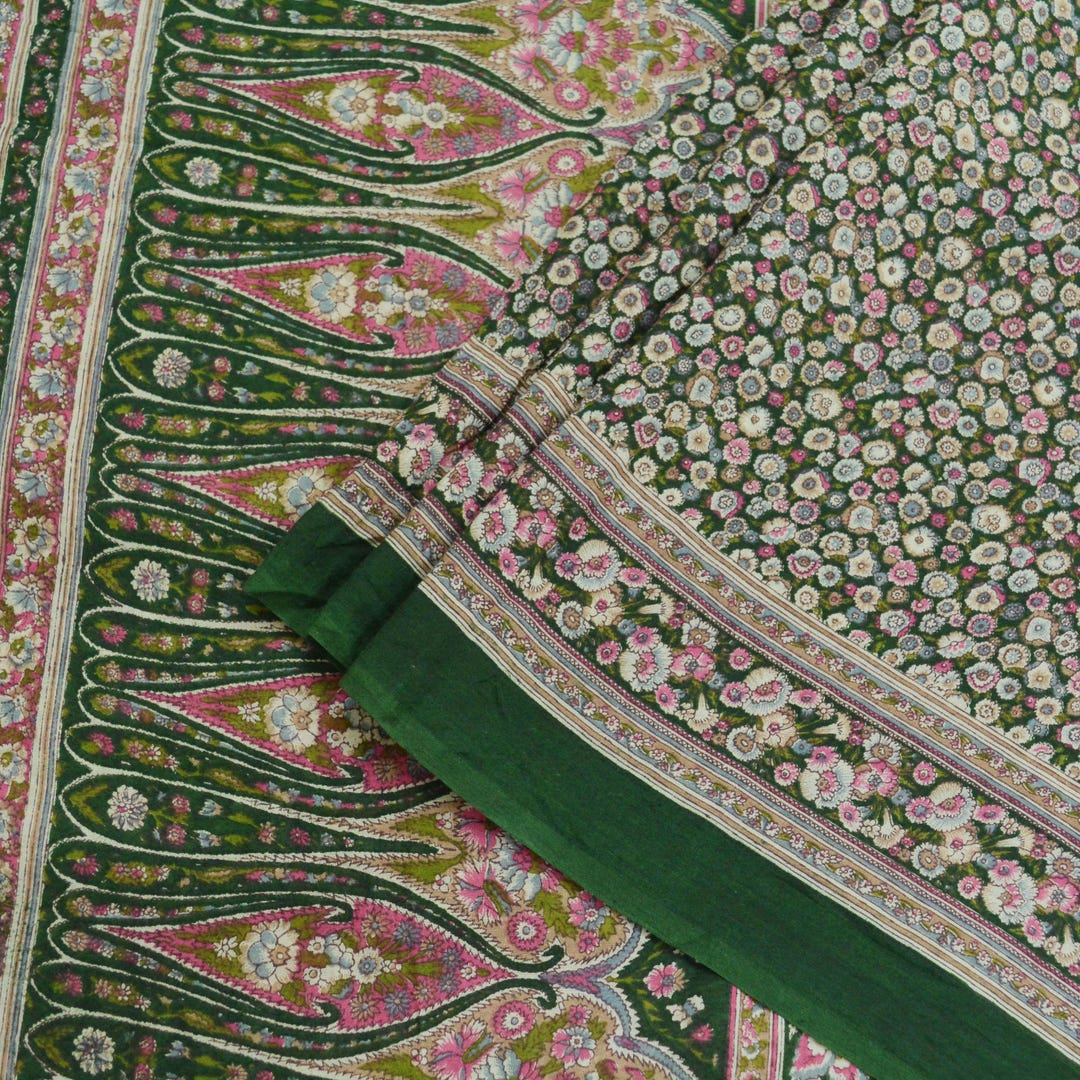 Indian Vintage Sari Green Pure Silk Printed Sarees 5yd Sewing Craft Fabric Dress Making  Soft Floral Wrap Upcycle Used Quilting Crafting main image 0