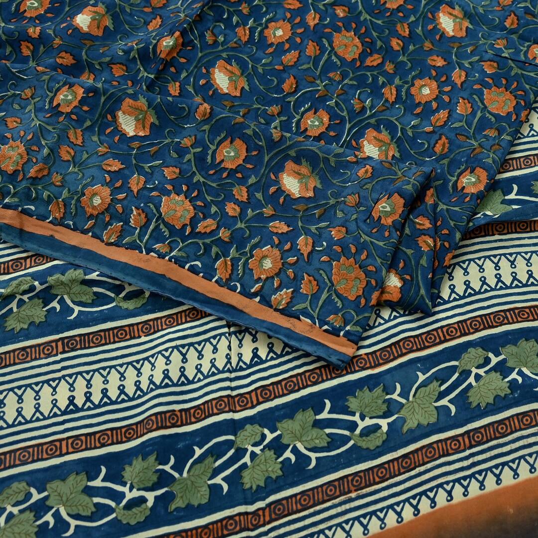 Indian Vintage Sari Green & Gray Pure Crepe Silk Printed Sarees 5yd Sewing Soft Craft Fabric Wrap Upcycle Quilting Crafting Dress making main image 0