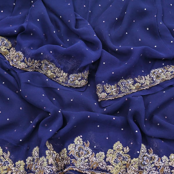 Indian Vintage Blue Dupatta Pure Georgette silk Long Stole Hand Embroidered Scarves Stole Veil Wrap Sequins