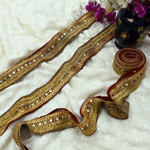 Indian Vintage Maroon Sari Border Hand Embroidered Craft Trim Lace Sewing Pure Georgette Silk Ribbon Recycled Zardozi