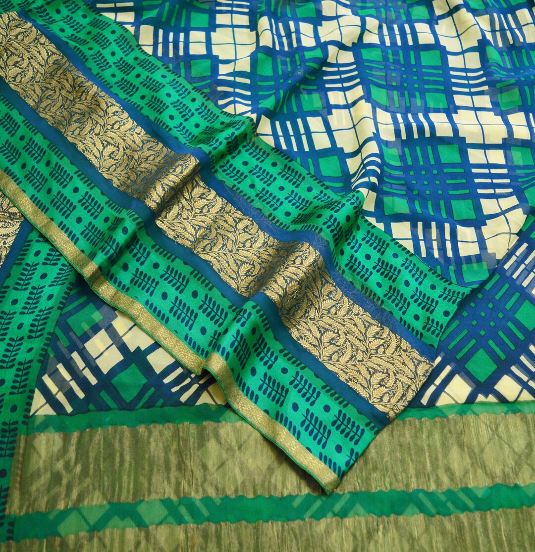 Indian Women Vintage Sari Pink & Green  Pure Georgette Silk Printed Saree Sewing 5yd Soft Craft Abstract Design Wrap Boho