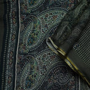 Indian Vintage Dupatta Brown & Black Long Stole Block Print Pure Chanderi Silk Scarves Veil Zari Wrap Hijab