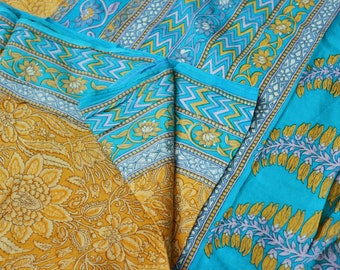 FREE SHIPPING Indian Vintage Saffron & Blue Saree 100% Pure Silk Printed Indian Sari Fabric 5yd Sewing Craft Fabric DressMaking Floral