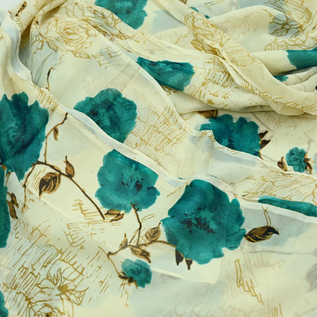Indian Vintage Beige & Green Saree Pure Silk Printed Indian Sari Fabric 5yd Sewing Craft Fabric DressMaking Soft