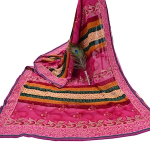 Indian Vintage Pink Saree Hand Embroidered Blend Georgette Sari Sari Fabric 5Yd Zari Sequins