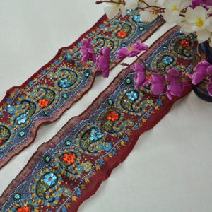 Indian Vintage Maroon Sari Border Hand Embroidered Indian Craft Trim Lace Sewing Pure Georgette Silk Ribbon Recycled Sari Border Zardozi