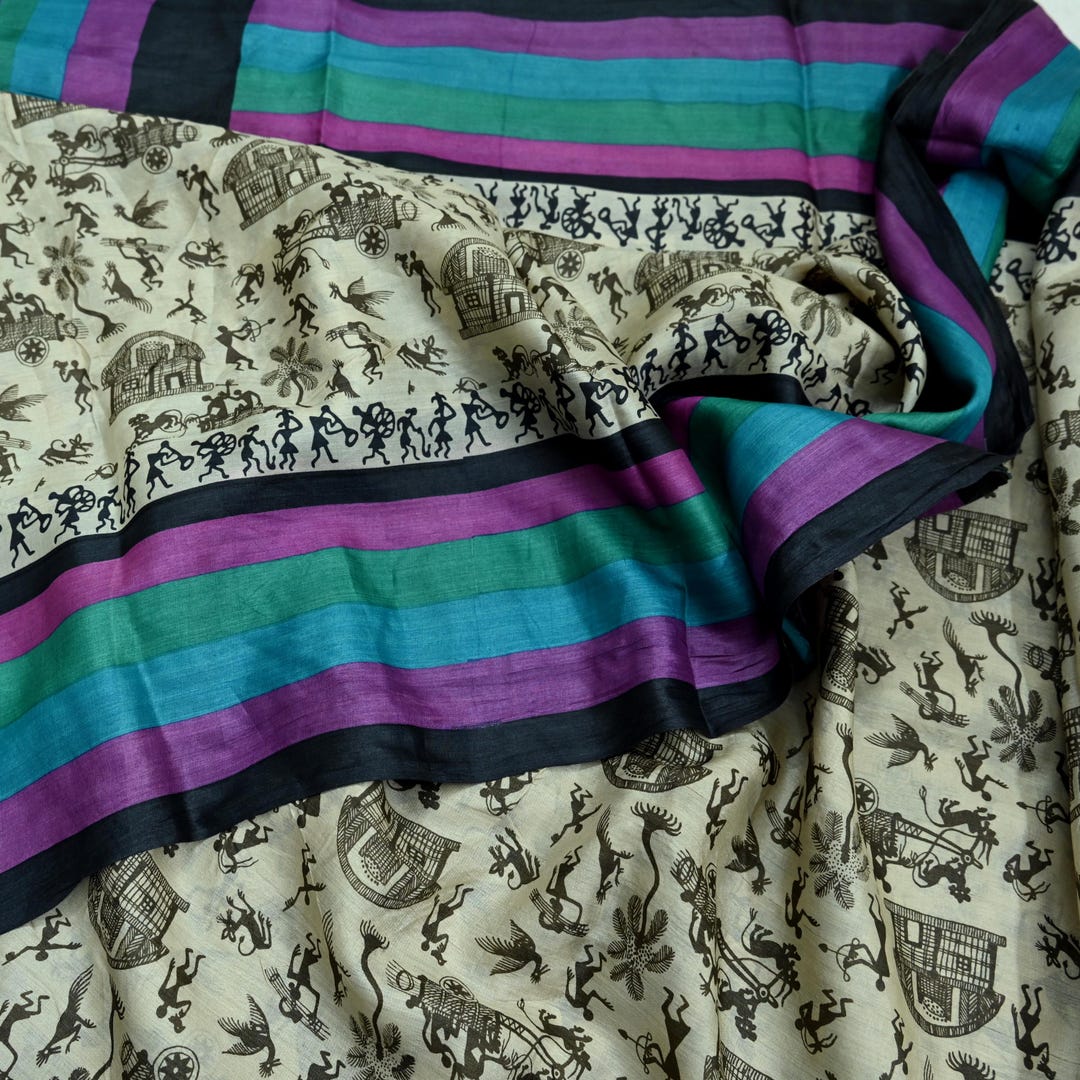 Indian Vintage Ivory & green Saree Warli Print Pure Cotton Sari Craft Fabric 5Yd Soft Sewing Sarong Wrap Boho Dress making Crafting Quilting main image 0