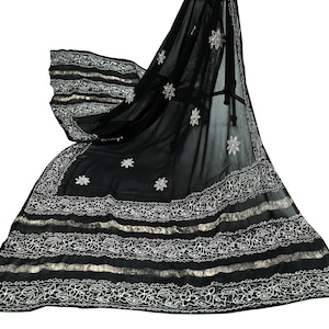 Indian Vintage Black Dupatta Long Stole Blend Cotton Embroidered Scarves Veil Scarf Wrap Hippie Boho Soft Floral Zari