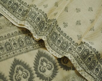 FREE SHIPPING Indian Vintage Cream Saree Printed Pure Cotton Indian Sari Craft Soft Fabric 5Yard Sewing Sarong Wrap Boho Floral