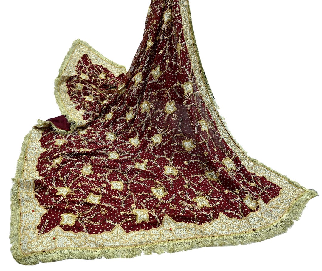 Indian Vintage Heavy Saffron Dupatta Pure Georgette Silk Long Stole Hand Embroidered Scarf Zardozi/Dabka Wedding red Hijab veil Boho