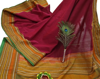 Sari indio vintage rojo y verde, sari Baluchari de algodón puro tejido a mano de 5 yardas, tela para manualidades, confección de vestidos étnicos, manualidades y acolchado.