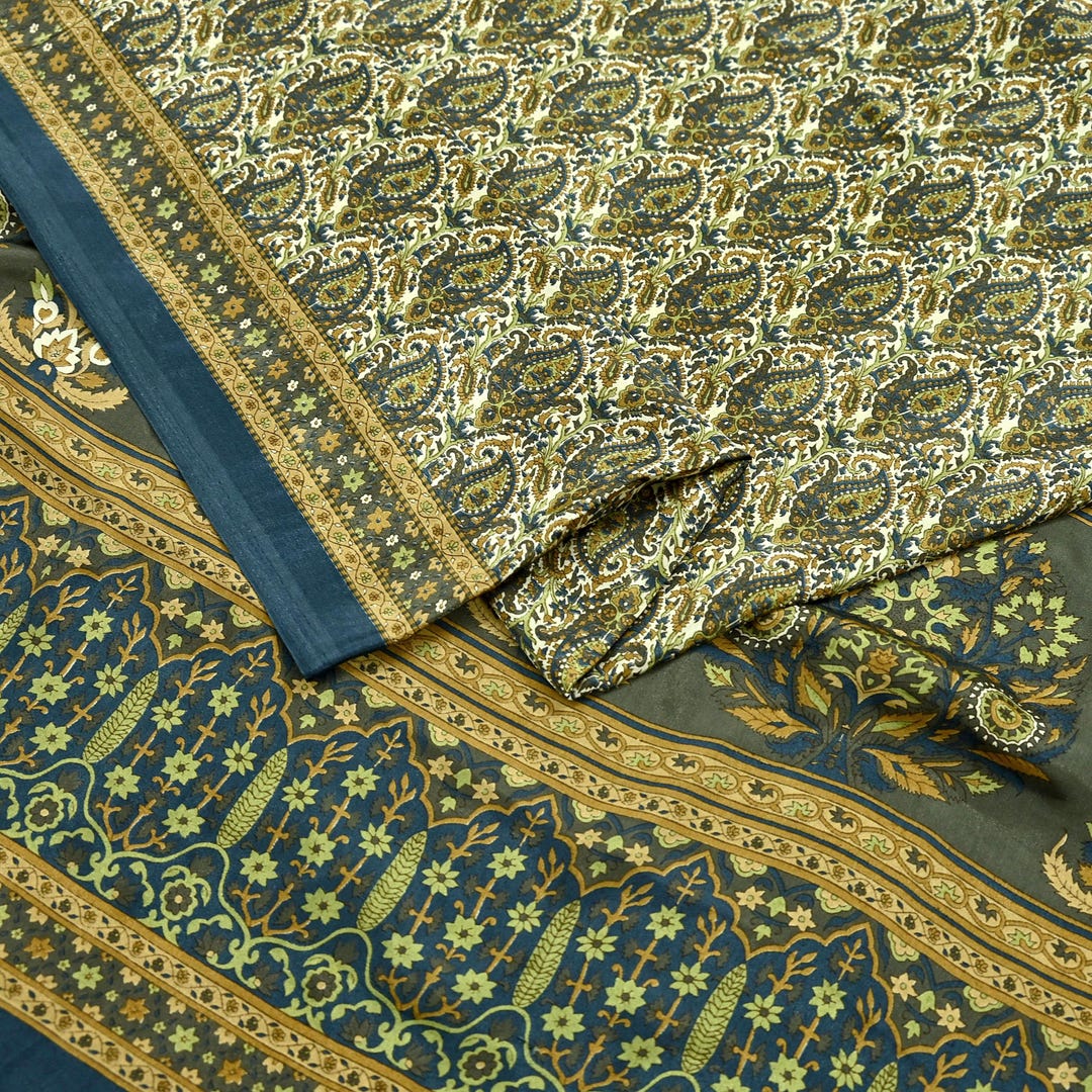 インドのヴィンテージサリー アイボリー＆グレー モスクレーププリント