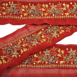 Indian Vintage Red Saree Border Hand Embroidered Ari Work Craft Trim Lace Sewing American Georgette Ribbon Recycled Sari Border Zari