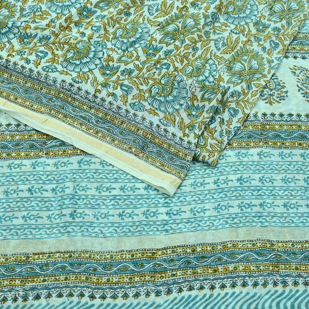 Indian Vintage White & Green Pure Chanderi Silk Saree Block Printed ...