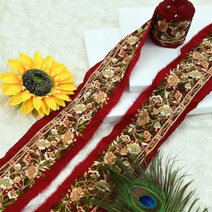 Indian Antique Vintage Real Parsi Gara Border Red Hand Embroidered Craft Trim Lace Sewing Sarees Ribbon Recycled 1yard Pure Crepe Silk