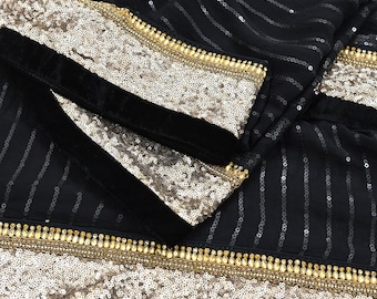 Indian Vintage Heavy Black Dupatta Pure Georgette Silk Long Stole Hand Embroidered Scarf Sequins