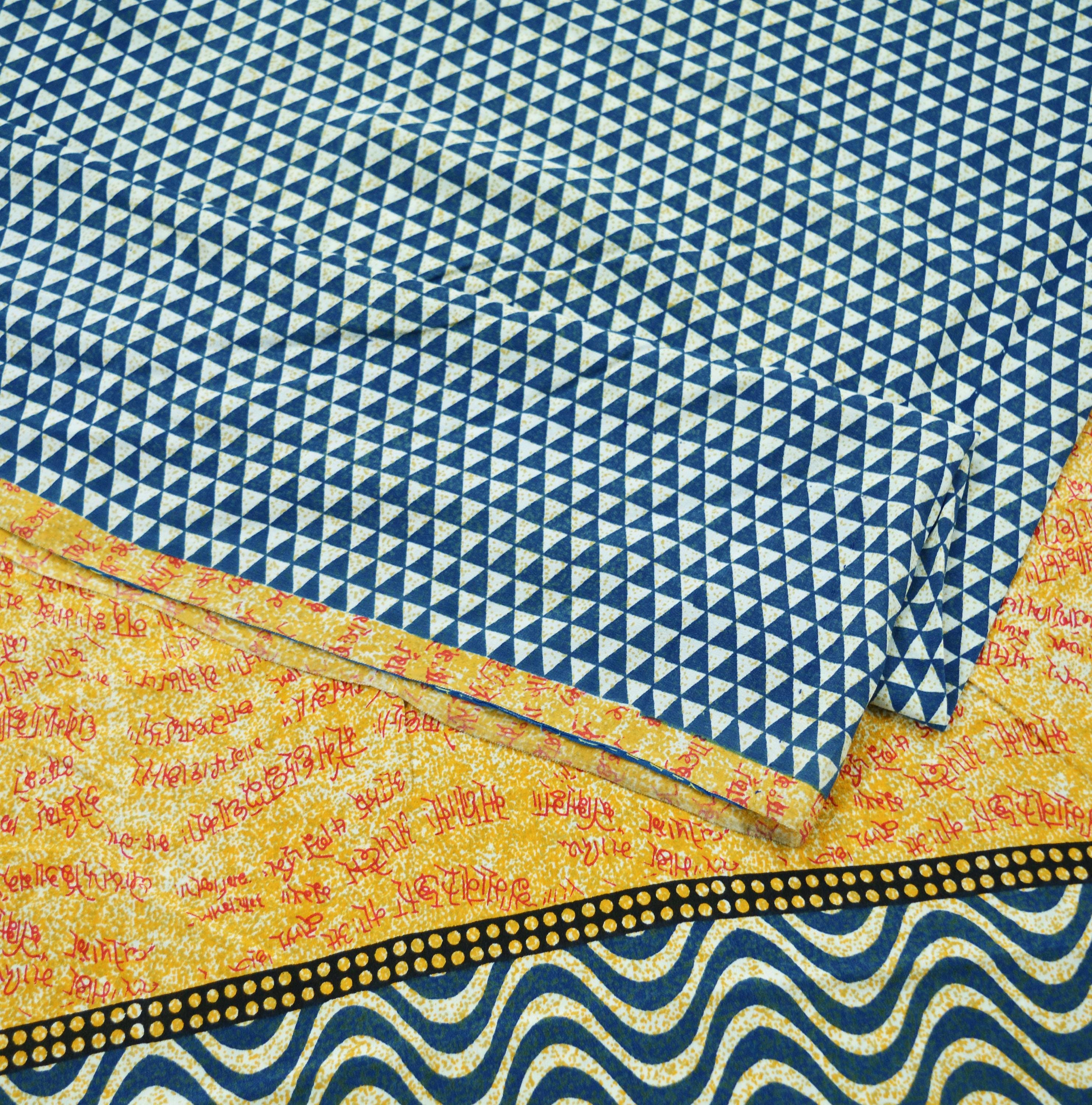 インドのヴィンテージサリー、アイボリー＆ブルーのピュアクレープ