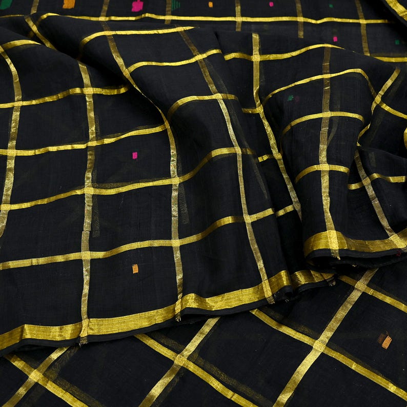 Tela para saris vintage indios, negra, de algodón puro, tejida a mano, 5 yardas, con estampado floral étnico, ideal para manualidades, reciclaje, acolchado y confección de vestidos. imagen 7