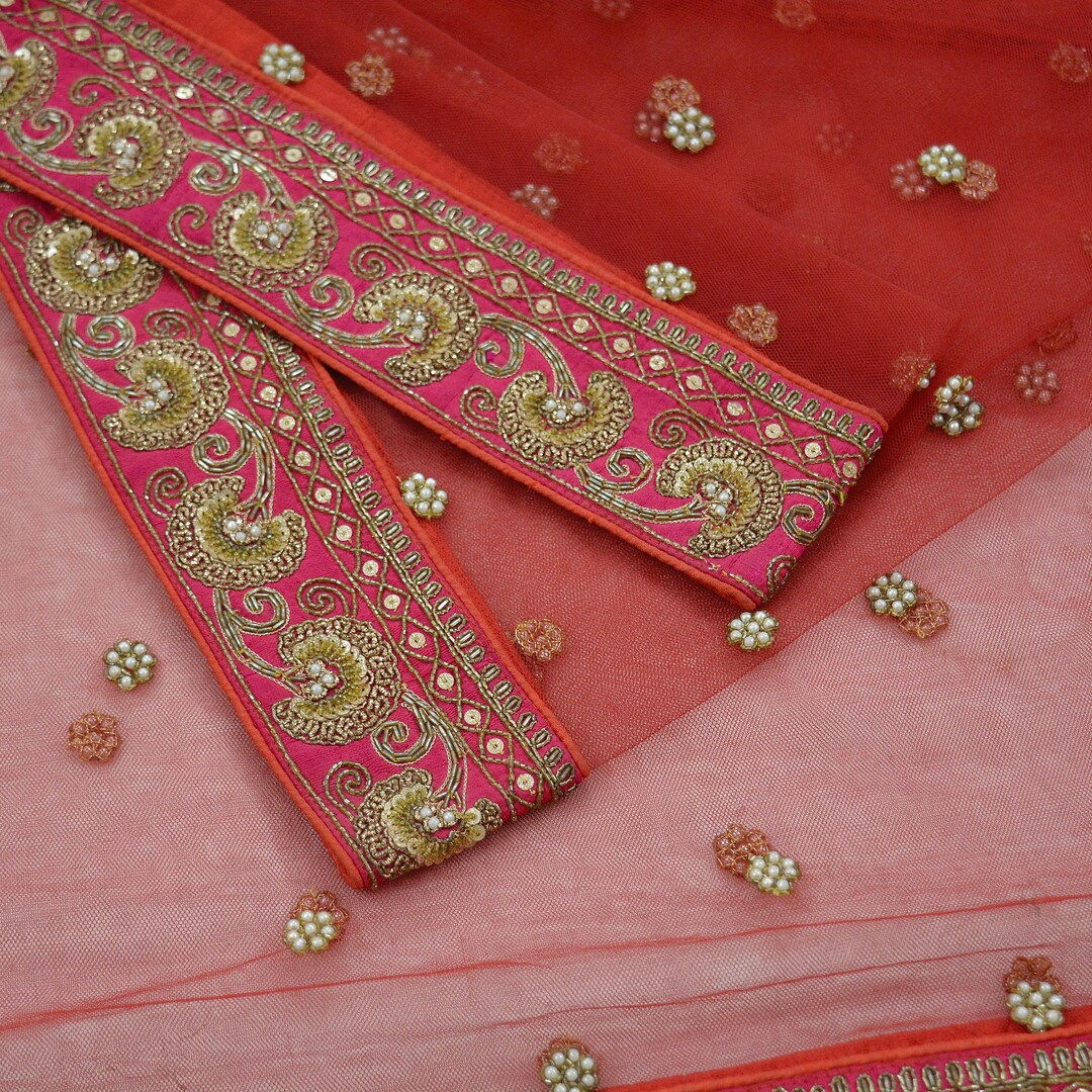 Indian Vintage Heavy Orange & maroon Dupatta Hand Embroidered Net Tissue Mesh Zardozi, Dabka, Zari, Sequins, Kundan Work Bridal Stole main image 0