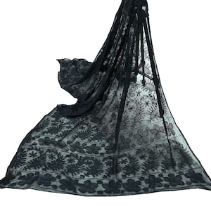 Indian Black Vintage Dupatta Long Stole Hand Embroidered kantha stole Blend Cotton Scarves Veil Wrap Soft Floral