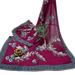 Sari lourd vintage indien bordeaux pure soie georgette saris brodé à la main tissu artisanal 5 yd couture paillettes ethniques mariage chemisier tissu