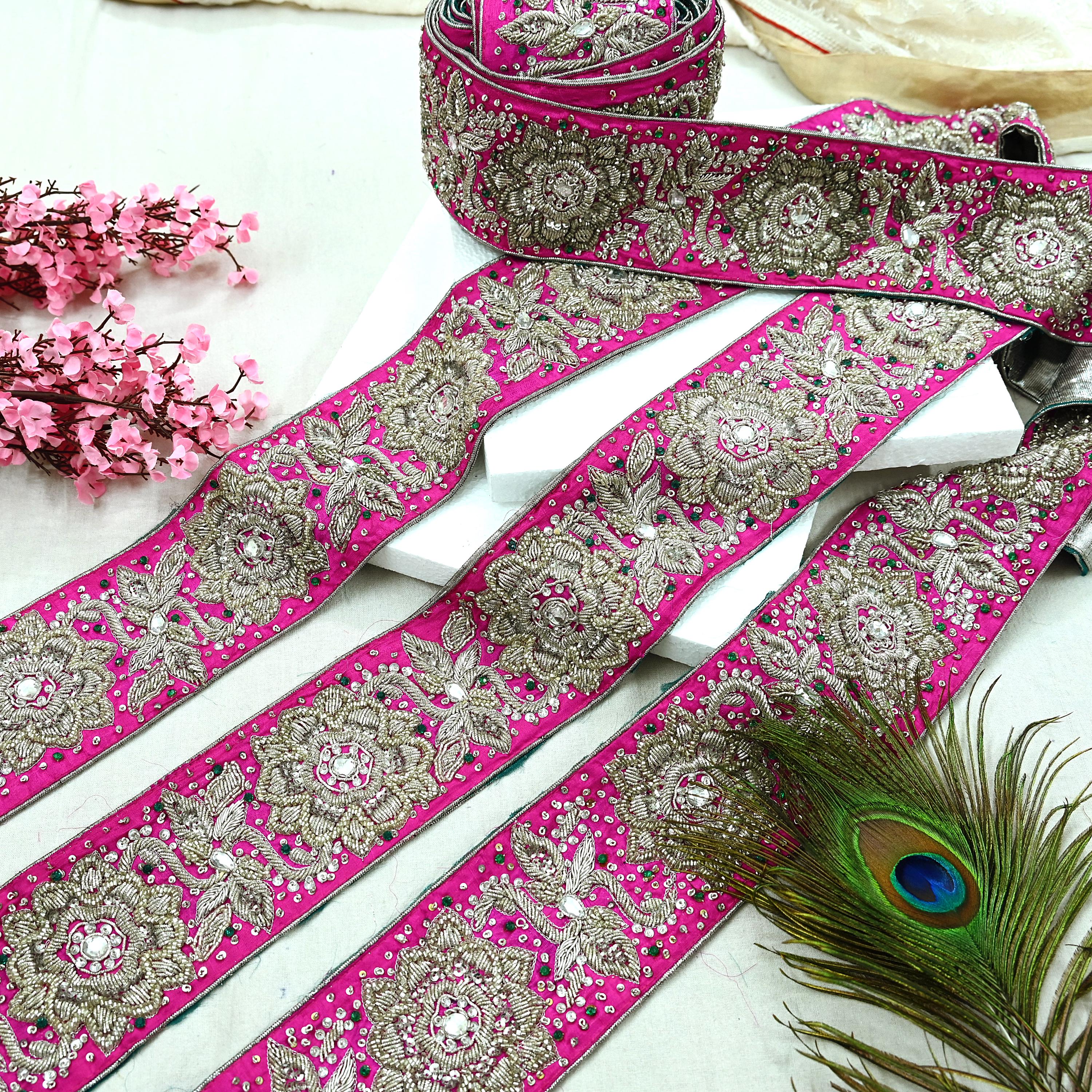 Indian Vintage Sari Border Magenta Hand Embroidered Craft Trim