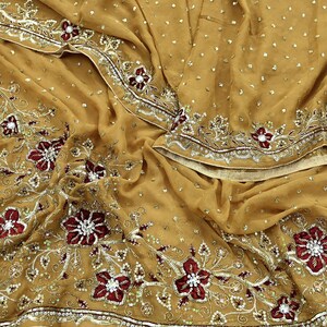 Indisk Vintage Beige Dupatta Ren Georgette Siden Lång Stola Handbroderade Halsdukar Stola Slöja Omslagsduk Paljetter