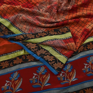 Indian Vintage Sari Orange & Red Pure Crepe Silk Printed Saree 5yd Sewing Floral Soft Craft Fabric Wrap Dress making Crafting Quilting