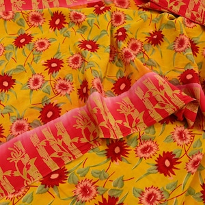 Indian Vintage Sari Mustard Pure Crepe Silk Printed Saree 5yd Sewing Soft Craft Fabric Wrap Dress Making For Crafting Quilting Upcycle