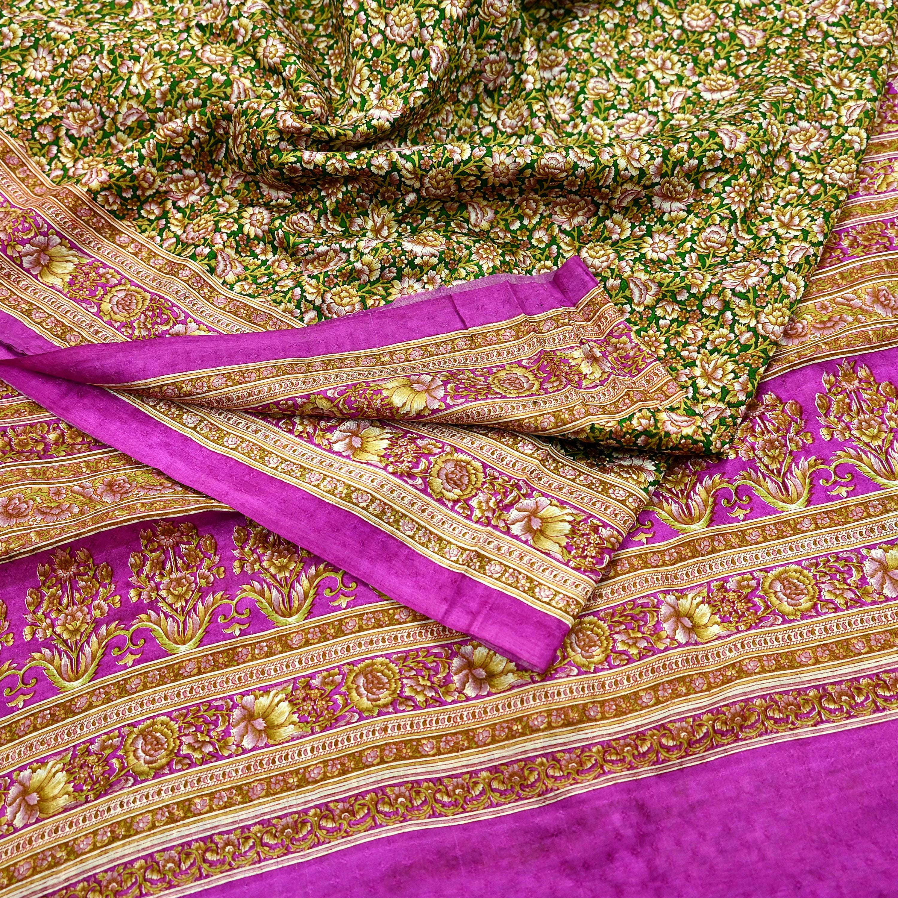 Vintage Vert Foncé 100% Soie Pure Artisanal Sari Vestige 4.6m Tissu