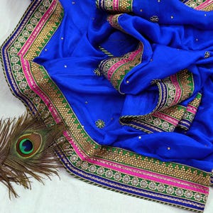 Indian Vintage Blue Dupatta Pure Silk Long Stole Hand Embroidered Scarves Floral Design Stole Veil Wrap Sequins