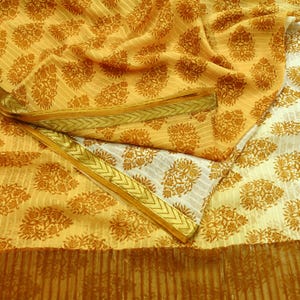 Women Vintage Sari Yellow & Ivory Pure Chiffon Silk Printed Sarees 6Yd Craft Fabric Sewing Soft Dress Making Zari Quilting Crafting Upcycle
