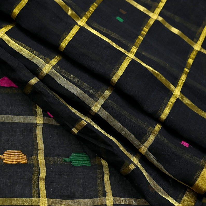 Tela para saris vintage indios, negra, de algodón puro, tejida a mano, 5 yardas, con estampado floral étnico, ideal para manualidades, reciclaje, acolchado y confección de vestidos. imagen 9